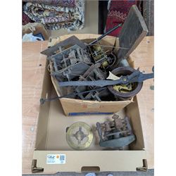 Collection of clock parts and accessories, including movement, faces, dials, tools, brass fittings, etc, in three boxes