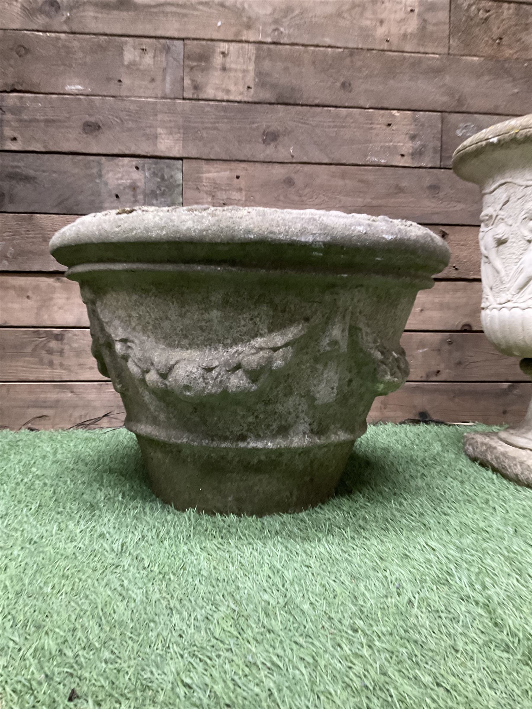 Cast stone garden urn, circular planter and a small rectangular planter