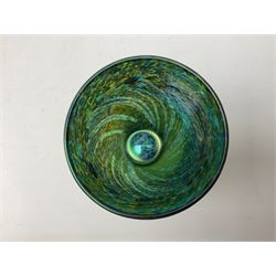 RTV -Jonathan Harris glass cup vase in the 'Everglades' pattern, of floral and striped blue, green and purple iridescent design, with etched 'Ironbridge 2004' mark beneath, with box, H11cm