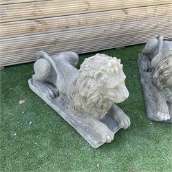 Pair of large cast stone recumbent garden lions, on plinth base  - THIS LOT IS TO BE COLLECTED BY APPOINTMENT FROM DUGGLEBY STORAGE, GREAT HILL, EASTFIELD, SCARBOROUGH, YO11 3TX