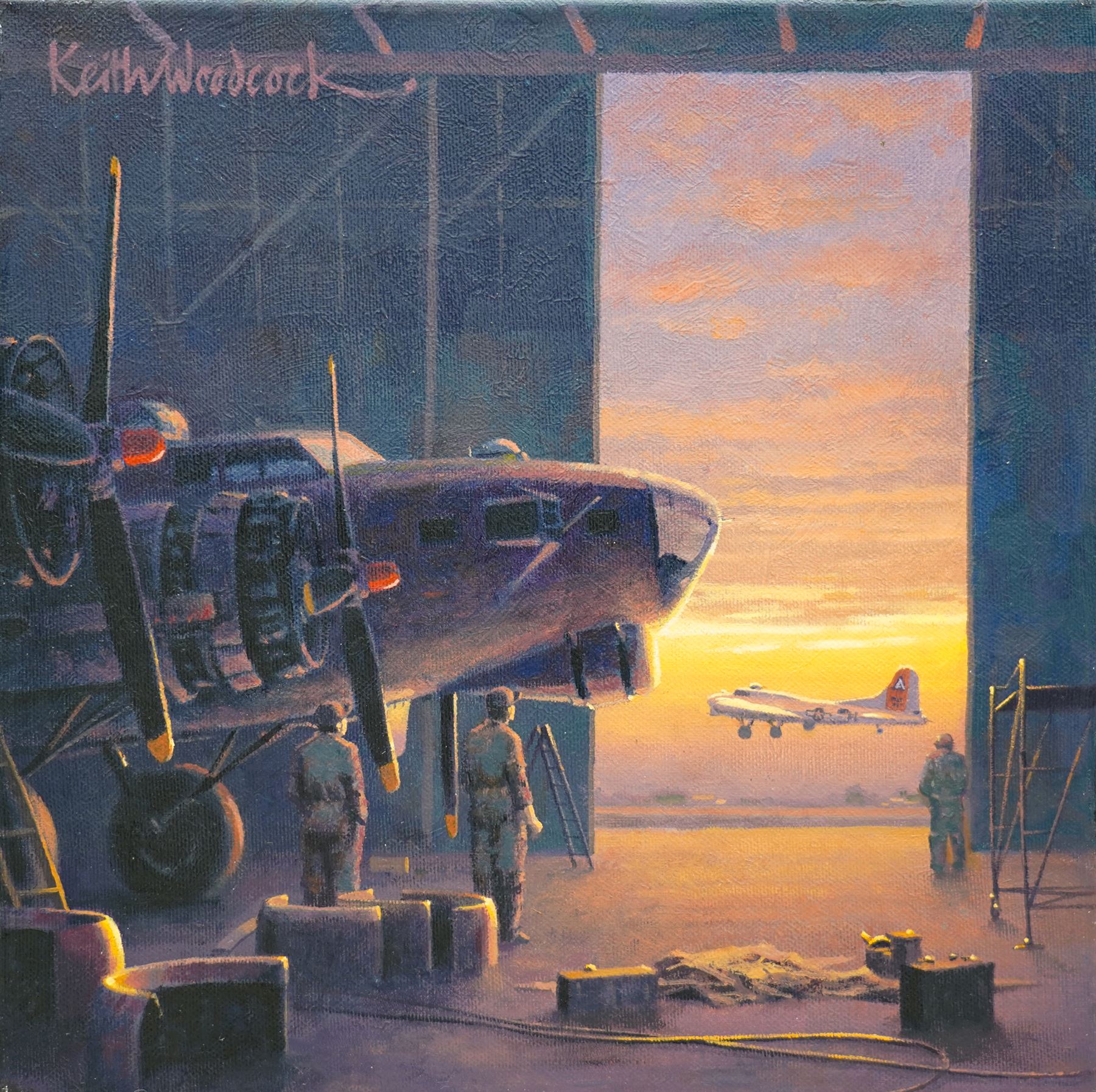 Keith Woodcock (British Contemporary): Dawn take-off 1945 - American B-17, oil on canvas signed, titled verso 30cm x 30cm