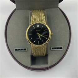 Gruen Precision gentleman's quartz wristwatch, with stone set black dial, on a stainless steel gilt metal strap, in original box