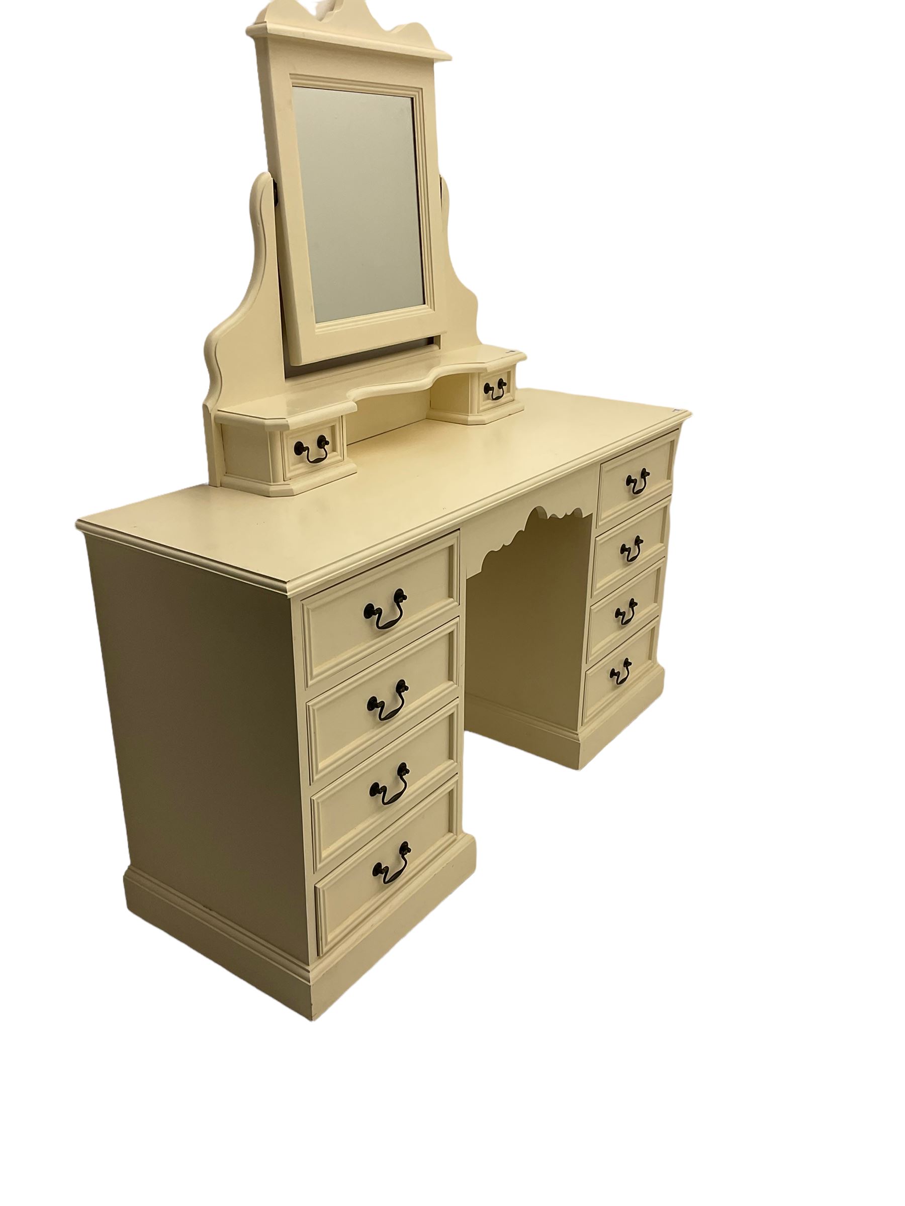 Painted pine twin pedestal dressing table, fitted with eight drawers