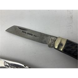 Laguiole pocket knife, with brass mounts and Bee mouche, L19.5cm open, together with a further William Rodgers Sheffield knife