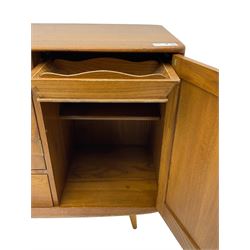 Ercol - elm and beech sideboard, fitted with cupboards and single drawer, enclosed by panelled doors, on splayed tapering feet