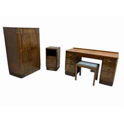 Early to mid 20th century Art Deco walnut bedroom suite - dressing table (W123cm, H70cm, D53cm), tallboy (W77cm, H122cm, D47cm), bedside cupboard (W36cm, H69cm, D35cm), and pair of large single 3’ 6” bedsteads