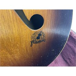 1950s Framus arch top acoustic guitar with sunburst finish and Framus logo to top, No.1937 L104cm; in hard carry case.