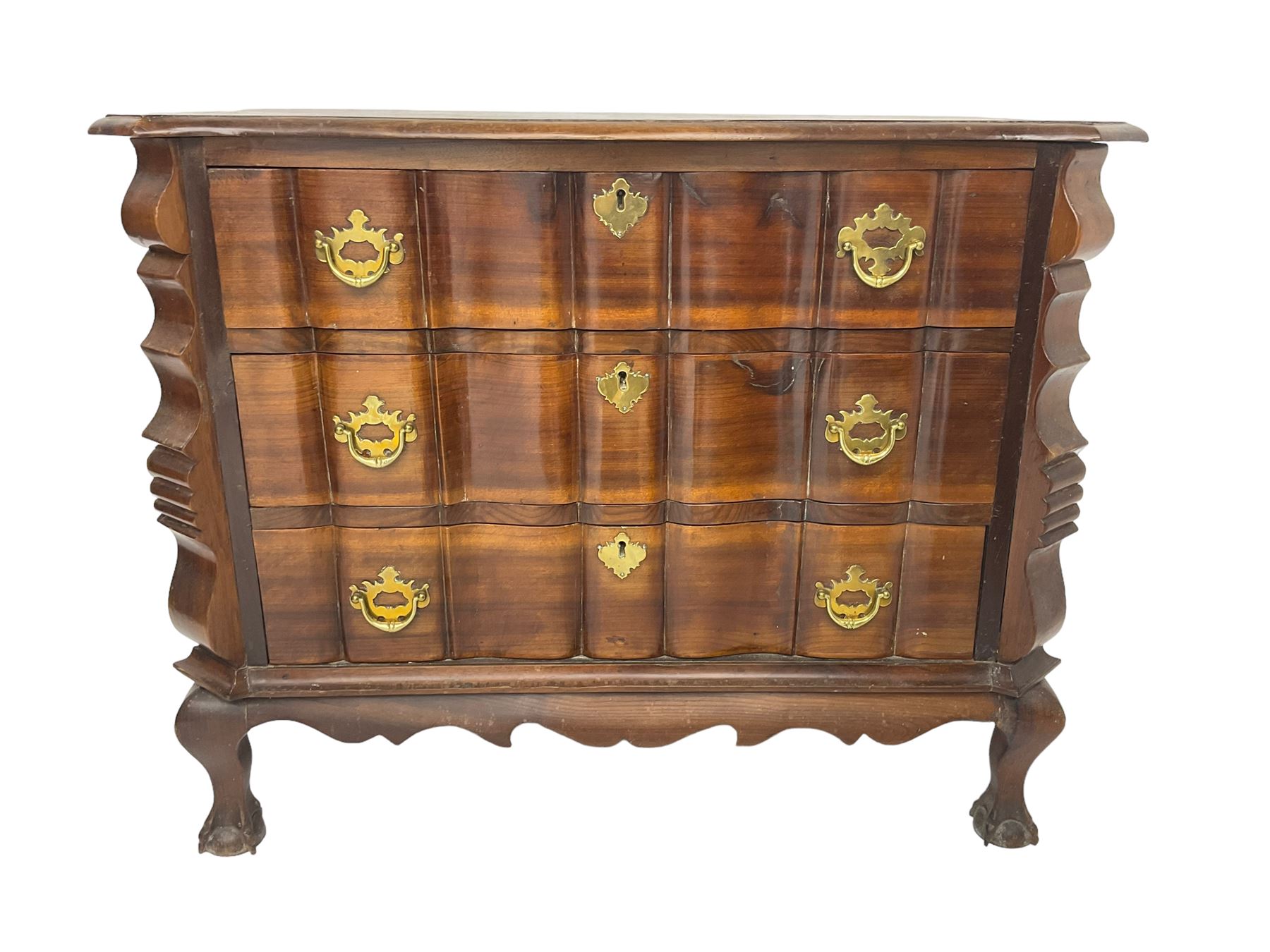 19th century Dutch serpentine chest, moulded edge, fitted with three drawers with shaped fronts and brass handle pulls, flanked by shaped uprights and panelled sides, raised on cabriole supports terminating in ball and claw feet
