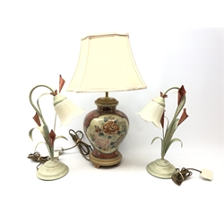  Pair naturalistic table lamps with glass shades, H42cm and an oriental baluster form table lamp with shade (3)  