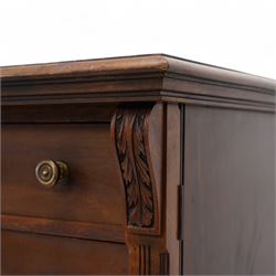Thomas Edwards & Sons (Newcastle 1877-1882) - Victorian walnut Wellington chest, rectangular moulded top over seven graduating drawers, each fitted with brass handles and label holders, flanked by foliate carved brackets over reed-moulded and chamfered uprights, on shaped skirted base
