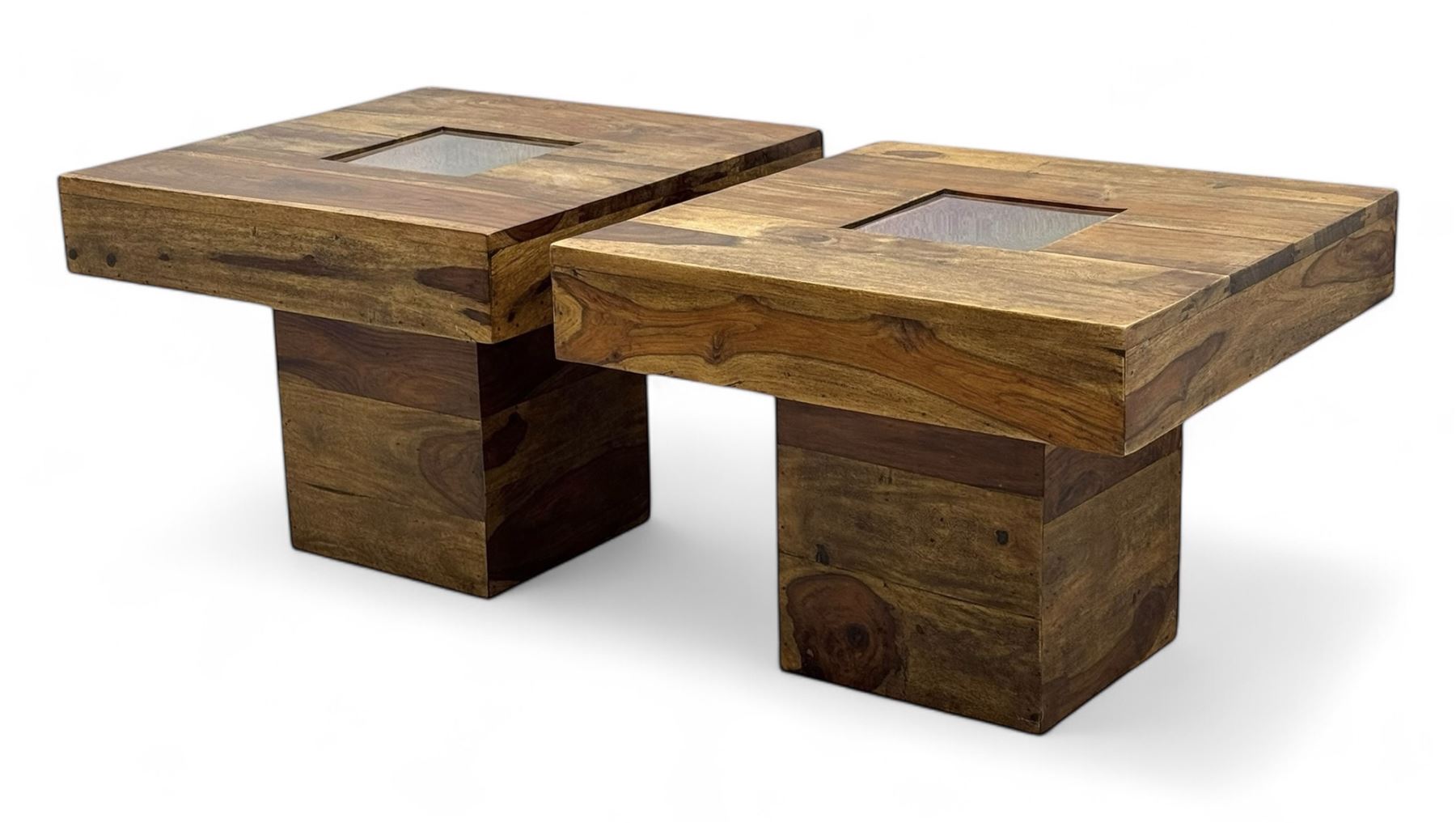 Pair of contemporary hardwood occasional tables, square tops with central recessed acrylic panels, on block pedestal bases
