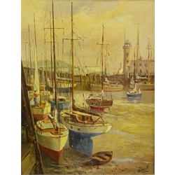  Don Micklethwaite (British 1936-): Pleasure Boats in Scarborough Harbour, oil on canvas board signed 45cm x 34cm  