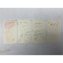Football signatures - school exercise book as an autograph album containing stuck down leaves from an earlier album with team signatures for the 1946-47 season including Arsenal (18), Aston Villa (15), Blackburn Rovers (11), Blackpool (11), Chelsea's John Harris and Stoke City's Neil Franklin; all identified with manuscript notes on the facing page; together with a quantity of loose signatures irregularly cut from an album with some mounted on loose note-book pages
