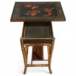 Late Victorian bamboo and lacquered card table, the top decorated with birds and floral sprays, hinged to reveal a baize playing surface, on bamboo effect legs with lacquered undertier
