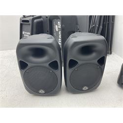 Wharfedale Pro Titan 12 speaker, pair of Wharfedale pro titan 8 speakers, Skytec SP1000 speaker, img stage line PAB-110 MK2 speaker and five speaker stands of various sizes (10)