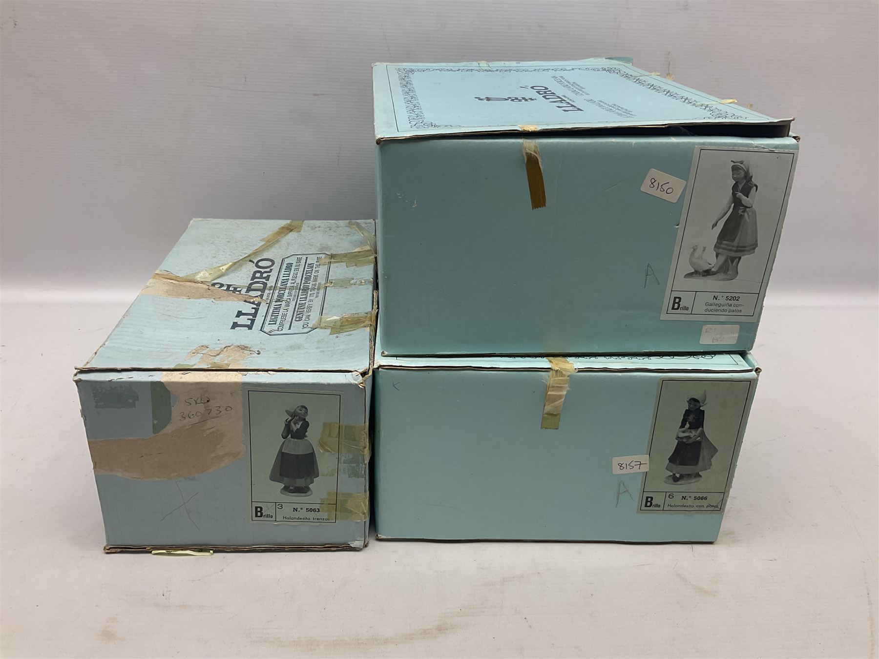 Three Lladro figures, comprising Dutch Girl with Braids no 5063, Dutch Girl with Duck no 5066 and Aracely with Ducks, all with original boxes, largest example H25cm