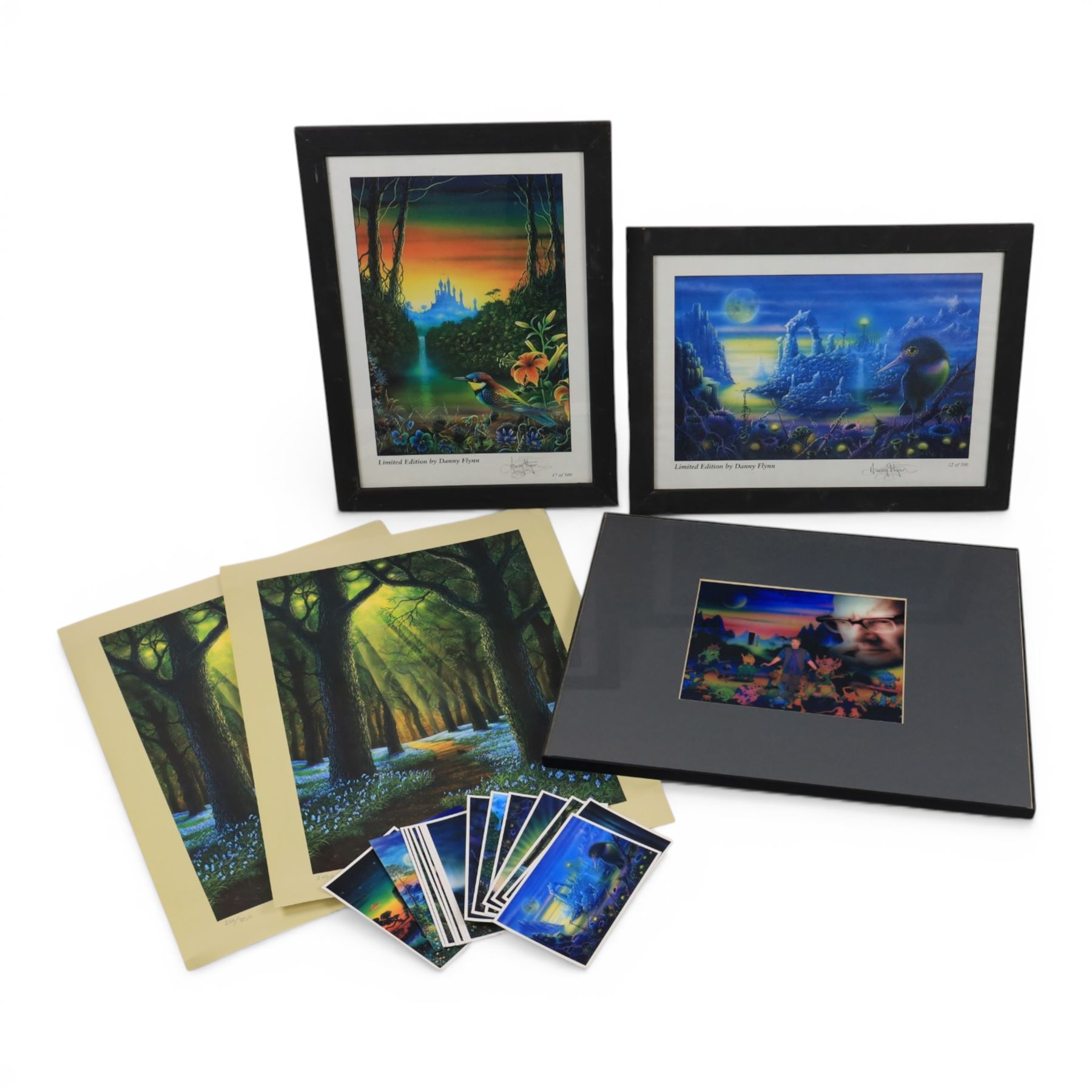 Danny Flynn (British 1958-): digital print of for a 90s TV show that never came to air featuring Danny Flynn in the centre and Arthur C Clarke looking on, two limited edition signed prints of a bluebell wood, two further signed limited edition prints of birds in surreal landscapes and a collection of postcards, three prints framed, largest H34cm

Notes: This item is from the private collection of Arthur C. Clarke's brother.