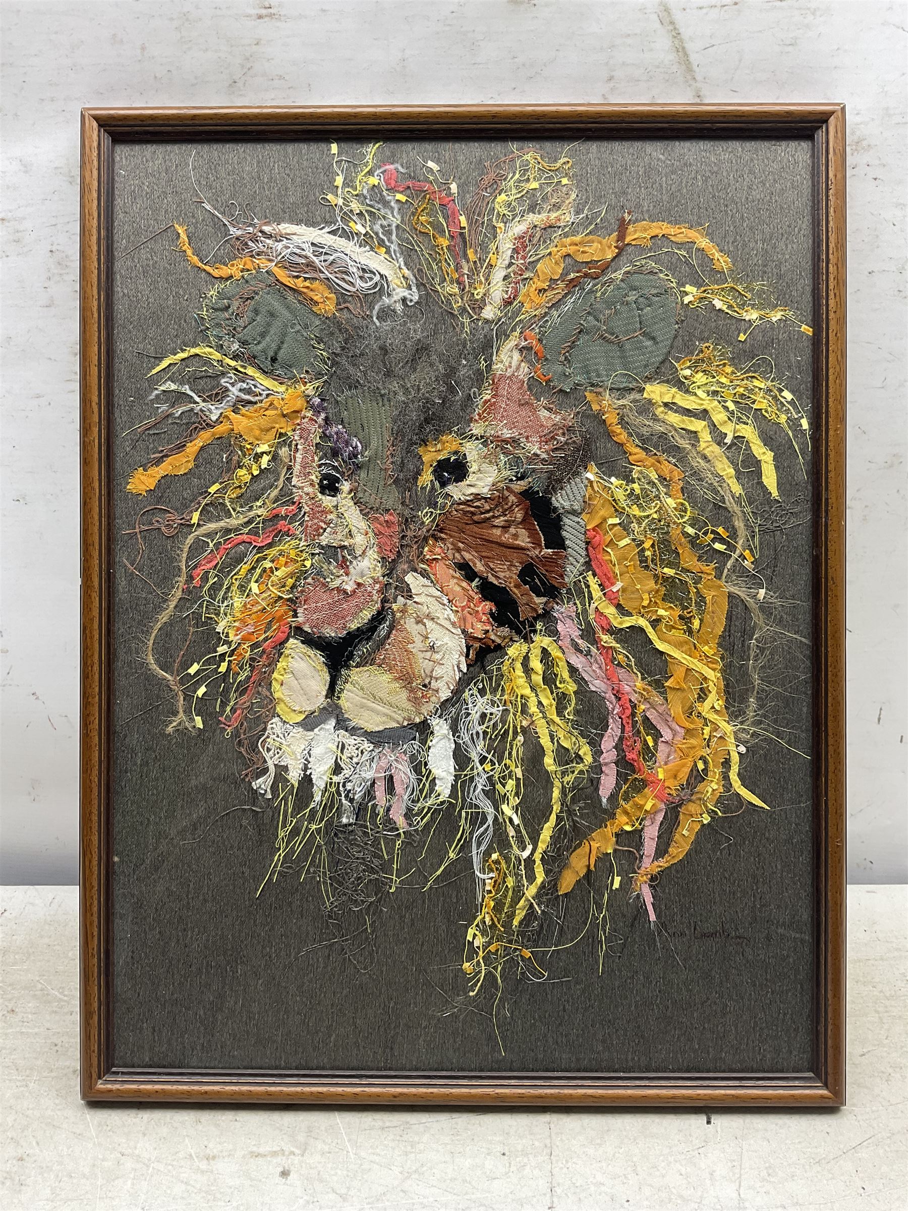 Ann Lamb (British 1955-): Lion, textile work signed 46cm x 35cm