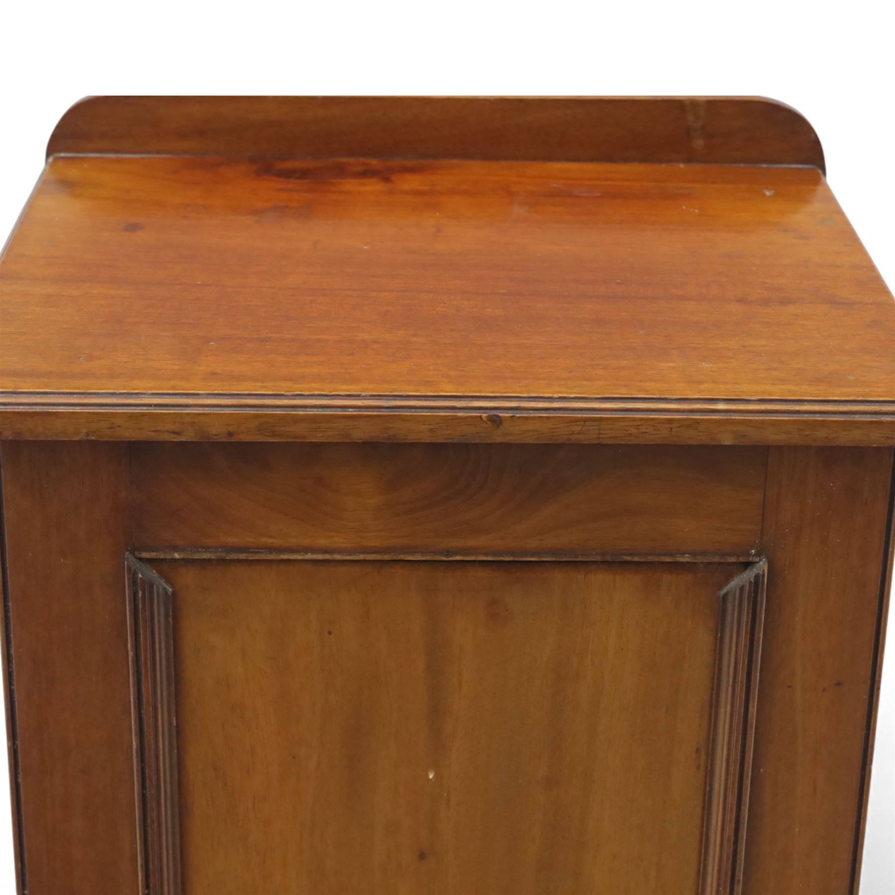 Two Edwardian mahogany bedside cabinets, each enclosed by a single panelled door, one with a raised gallery back and square tapering legs (H 84cm, W 40cm, D 40cm), the other of plinth-base form (H 77cm, W 40cm, D 35cm)