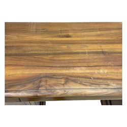 French cherry wood kneehole desk or dressing table, moulded rectangular top over twin pedestal bases each housing three drawers with brass-effect swing handles, resting on bracket feet