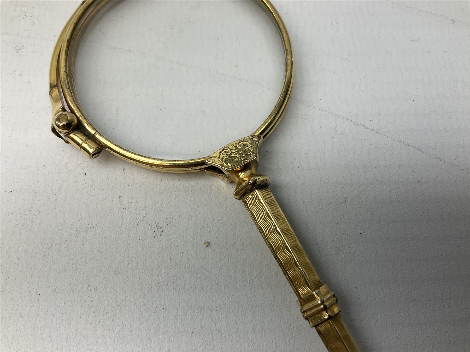 Victorian gold plated lorgnette glasses, 11cm and further set of six gold plated teaspoons stamped Sweden