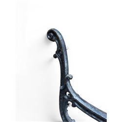 Carron Foundry - two pairs of 19th century cast iron garden bench ends, ornate detail with arms and X shaped legs,finish in black paint, the design no. 110396, first registered 13 July 1857 (see illustration), width as desired