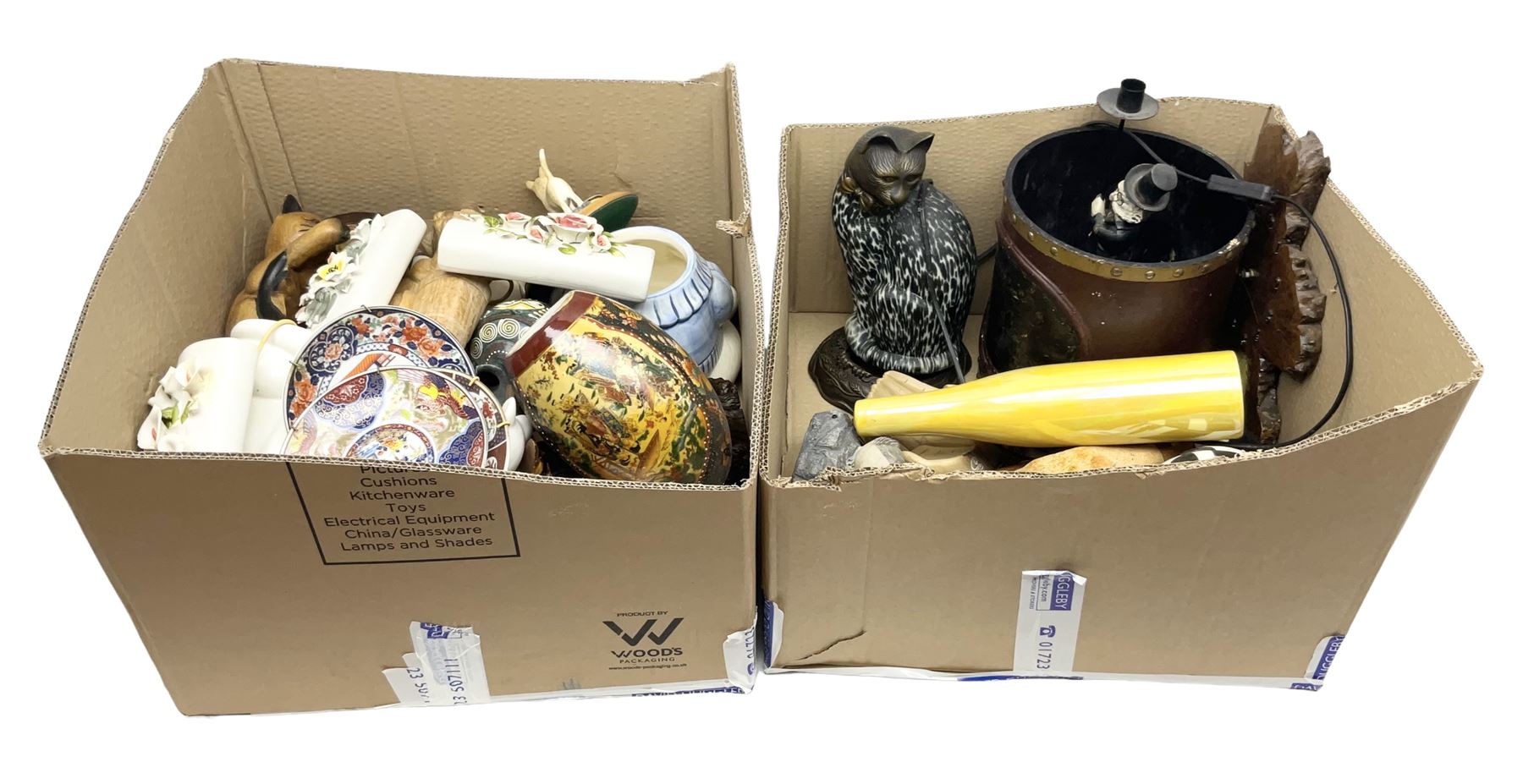 Japanese ceramic egg, three Japanese plates, various cat figures, treen etc in two boxes