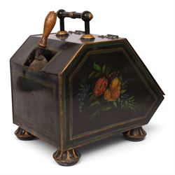 Late Victorian hand painted toleware coal scuttle, black painted tin body hand painted with floral sprays, fitted with shaped shovel to reverse and gilt painted circular feet H44cm