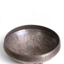 Oliver Baker for Liberty & Co - Tudric pewter bowl with hammered finish, upon three openwork feet, model number 01128 and makers marks stamped beneath, H10cm, D19cm