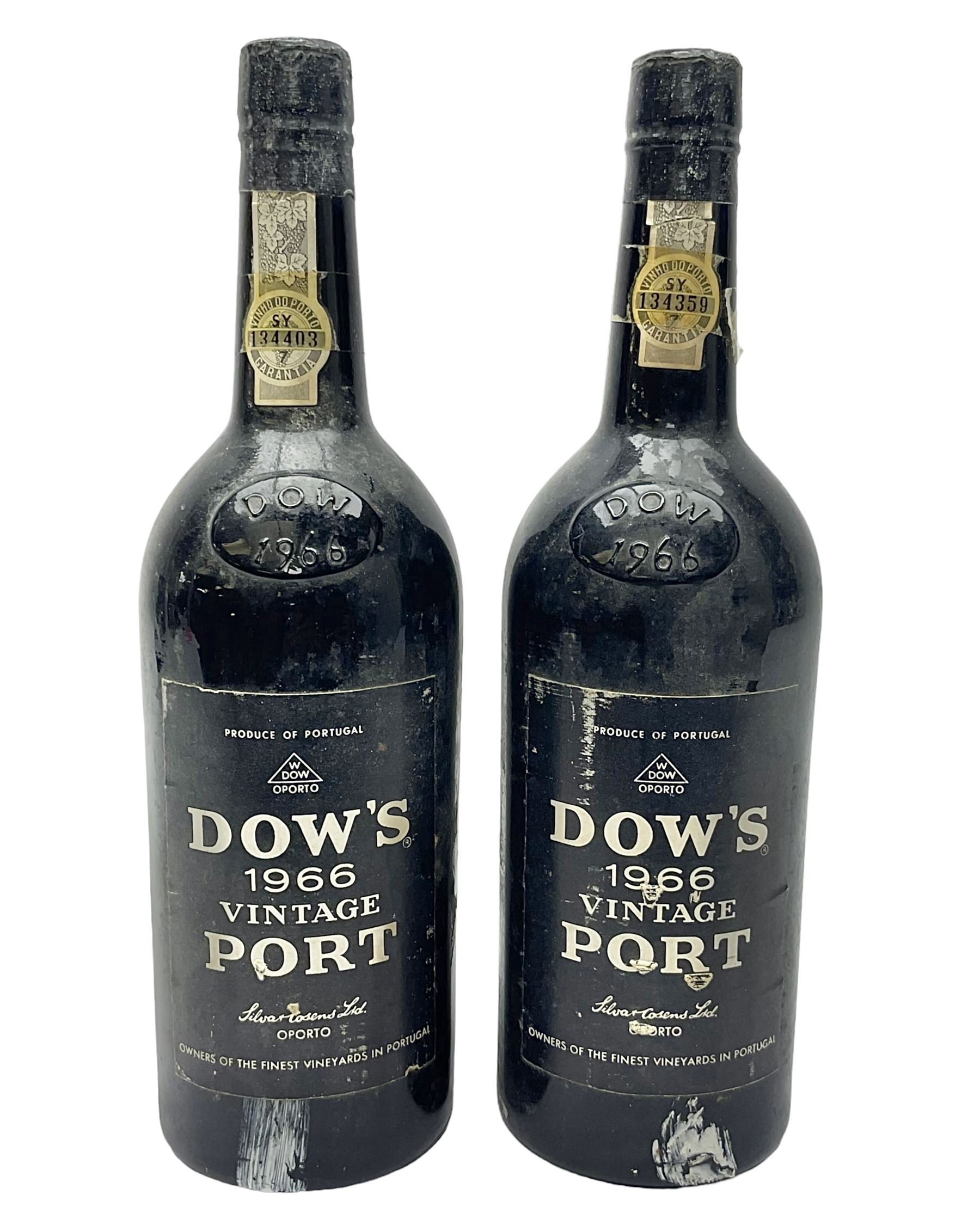 Dow's 1966 vintage port, two bottles, unknown contents and proof 