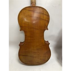 Four violins 1/8th size; half size with Nicolas Bertholini label; three-quarter size with Stradivarius copy label; and full size with Marquis De L'Air label (4)