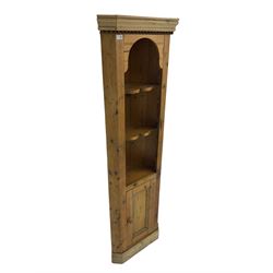 Traditional rustic pine corner unit, fitted with two open shelves over single cupboard
