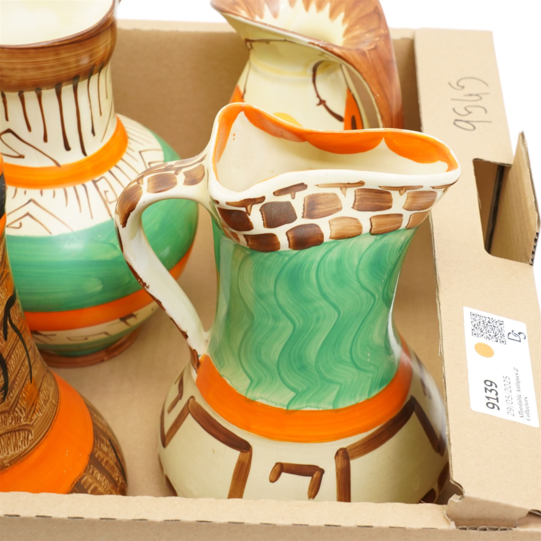 Collection of seven Art Deco Myott Son & Co vases, including chicken neck shaped vase, conical vase etc, each with hand painted landscape scenes, printed marks to base 