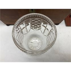 Walnut tea caddy of sarcophagus form, two division lidded interior with a later glass mixing bowl, upon four brass bun feet together with a walnut sewing box with mother of pearl inlaid decoration, tea caddy H16cm