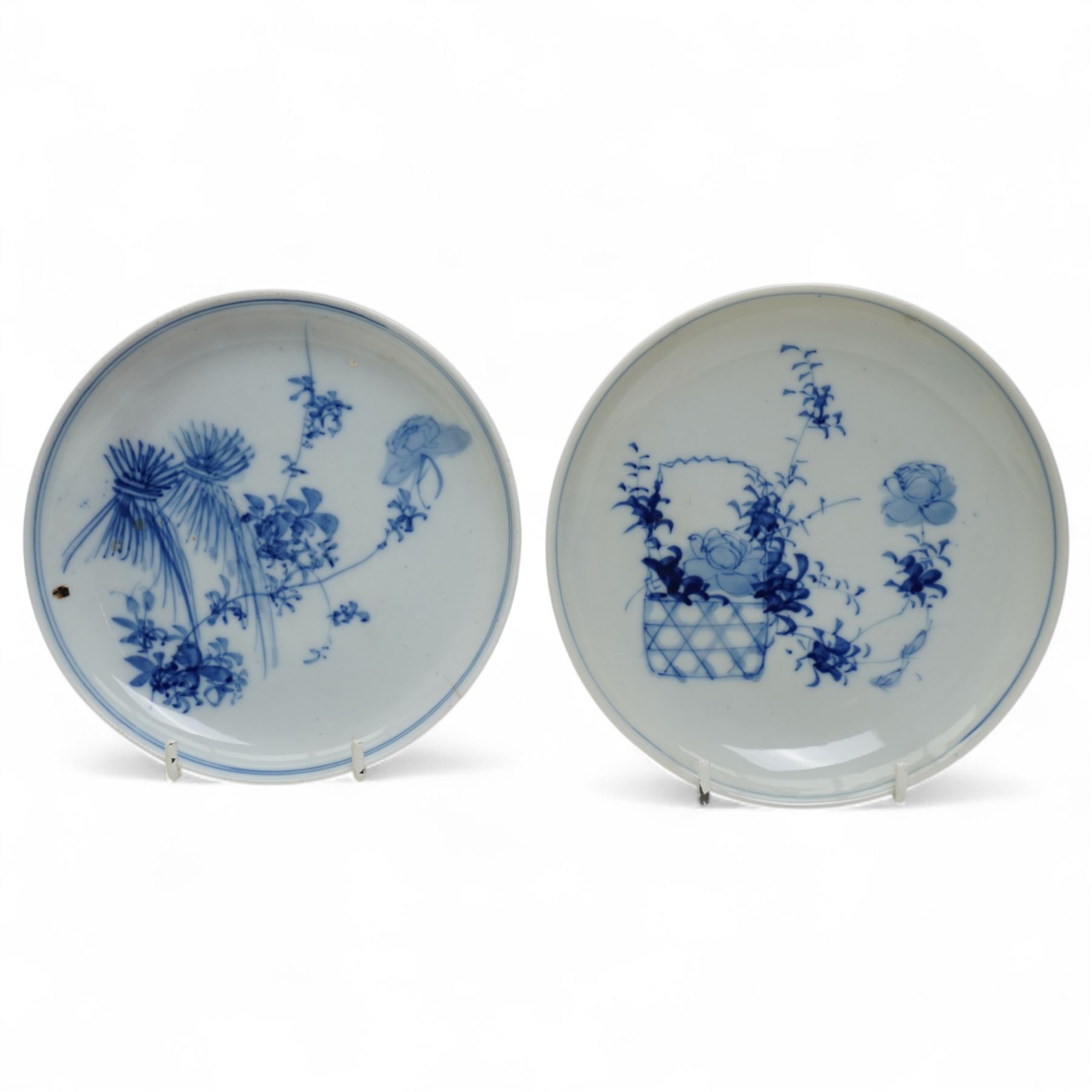 Japanese Edo period hexagonal dish with gilt decoration, Japanese porcelain to include a Seto blue and white dish, of square lobed form, four character mark to base, W18cm, Meiji Fukagawa Koransha imari circular dish on three ball feet, orchid mark to base D23cm, together with a matched pair of 19th century blue and white saucers, D16.5cm (4)