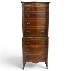 Queen Anne style burr walnut serpentine chest on chest, the upper chest with four graduati...