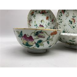 19th Chinese ceramics, to include three bowls, three plates and a pedestal bowl, each decorated in polychrome enamels, with floral decoration and gilt highlights, with character marks beneath, largest D23cm