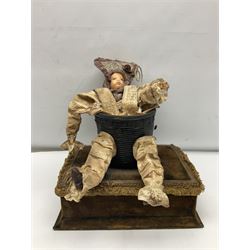 Modern reproduction automaton in the form of a baby doll in a basket clothed in Victorian style lace bloomers and frilled bonnet; clockwork action; on raised platform; with French paper label on base, 29cm wide,