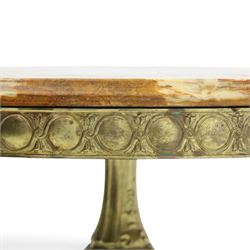 Victorian design marble topped gilt metal coffee table, circular cream and orange veined marble top with moulded edge, cast frieze with repeating roundel decoration, raised on a three scrolled supports 