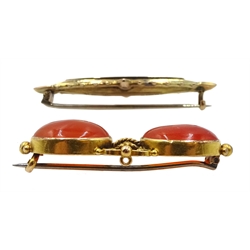 Victorian gold two stone carnelian brooch, 9ct gold single stone diamond set brooch, Birmingham 1900 and a gold stone set Edwardian pendant, stamped 9ct