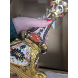 Pair of Royal Crown Derby Imari Pattern Candlesticks, numbered 1128, H27cm