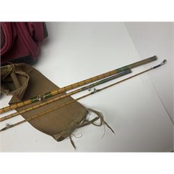 Collection of fishing memorabillia and equipment, including an Allcocks three piece split cane trout fly rod, Shakespeare Salt 3600 surf rod, two tackle bags, Old Red Seastreak multiplier reel, Sportext Saltwater fixed spool reel, fishing dvds, etc