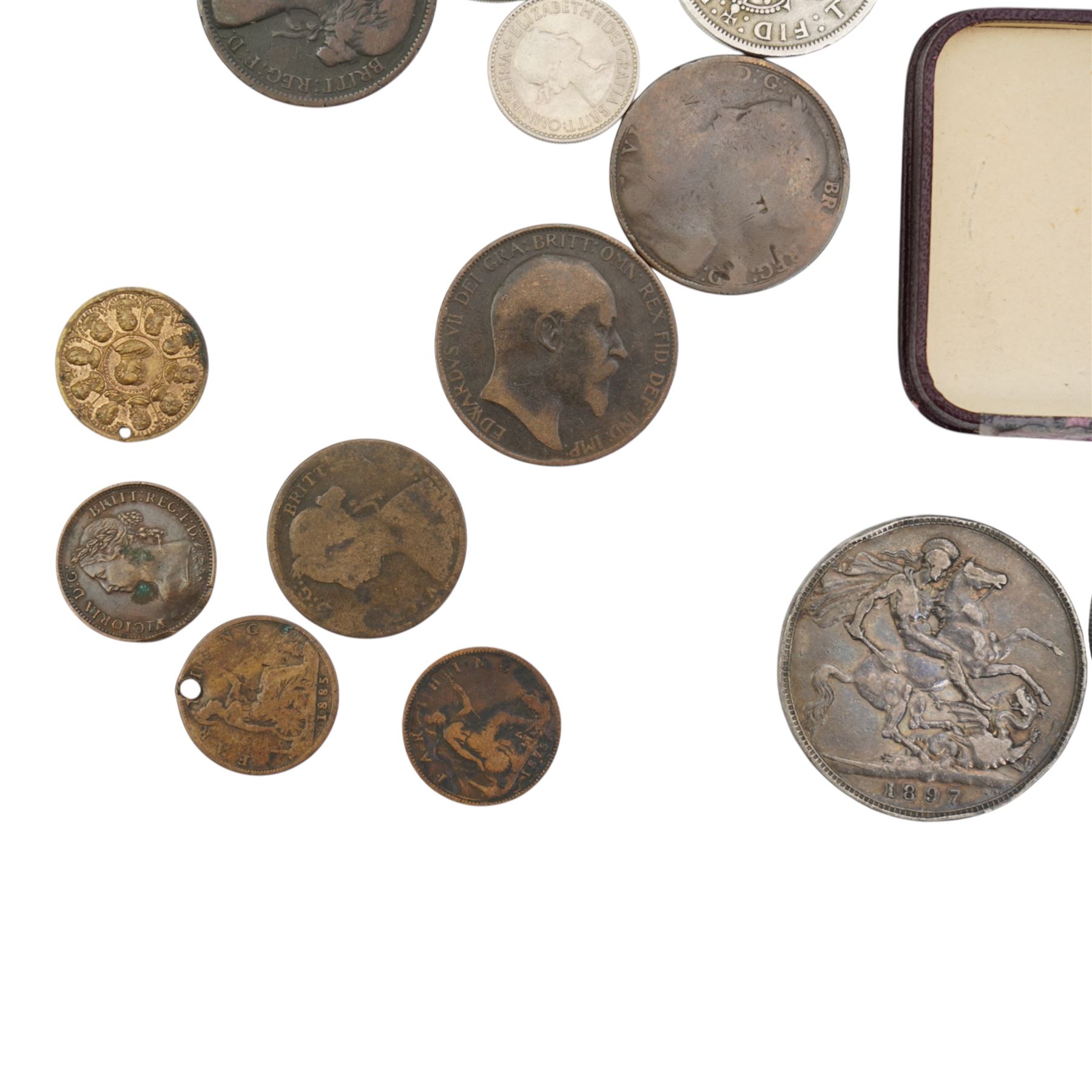 Four Queen Victoria silver crown coins, 1889, 1890, 1891, and 1897, Queen Victoria One Penny Model, George II 1736 silver shilling, George IIII 1831 fourpence, approximately 30 grams of further pre-1920 silver coins, Victoria Queen and Empress diamond jubilee medal, and further pre-decimal coins