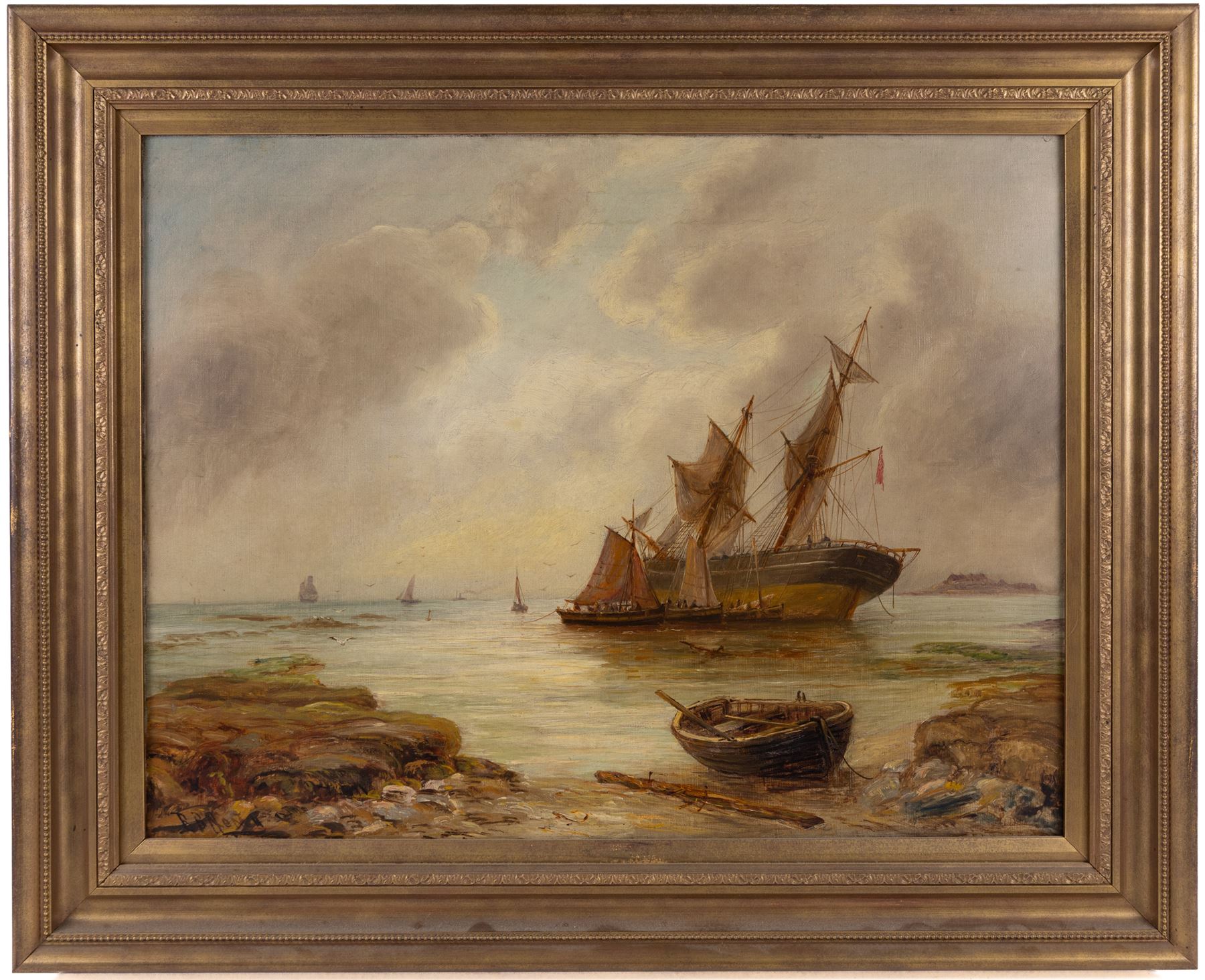 Bernard Benedict Hemy (British 1844-1910): Ships at Low Tide, oil on canvas signed 50cm x 64cm 