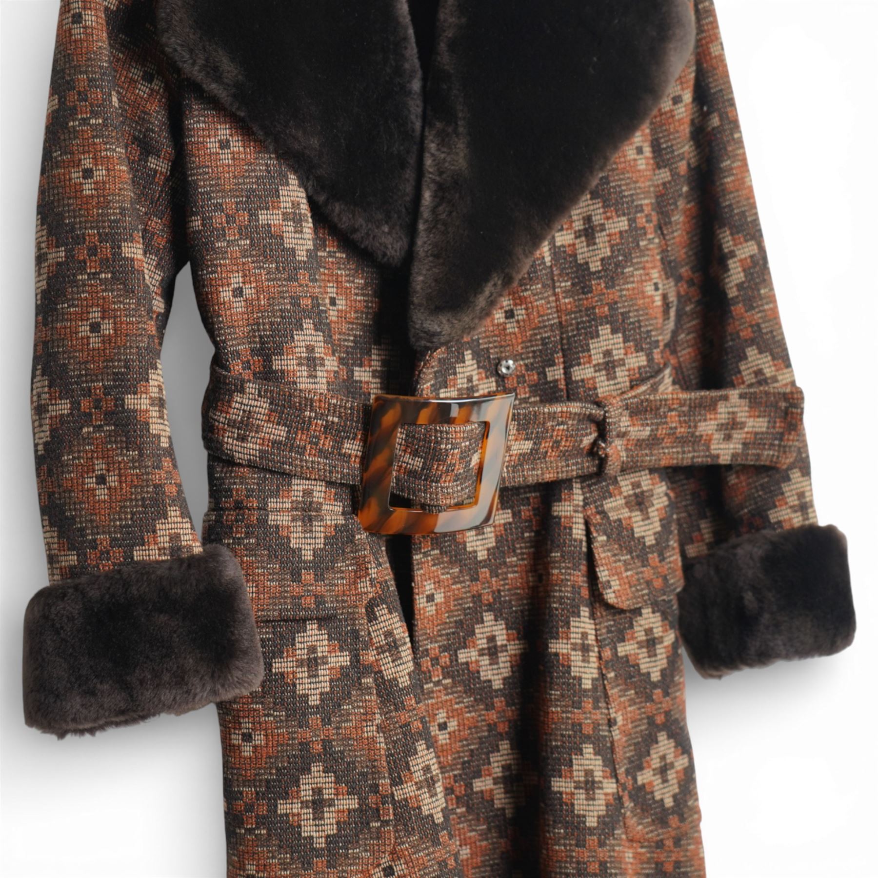 Mink coat, 1970s lamb fur trimmed coat, suede coat and Tom Bawker cream coat, and two pairs of ladies shoes approx size 8 (6)