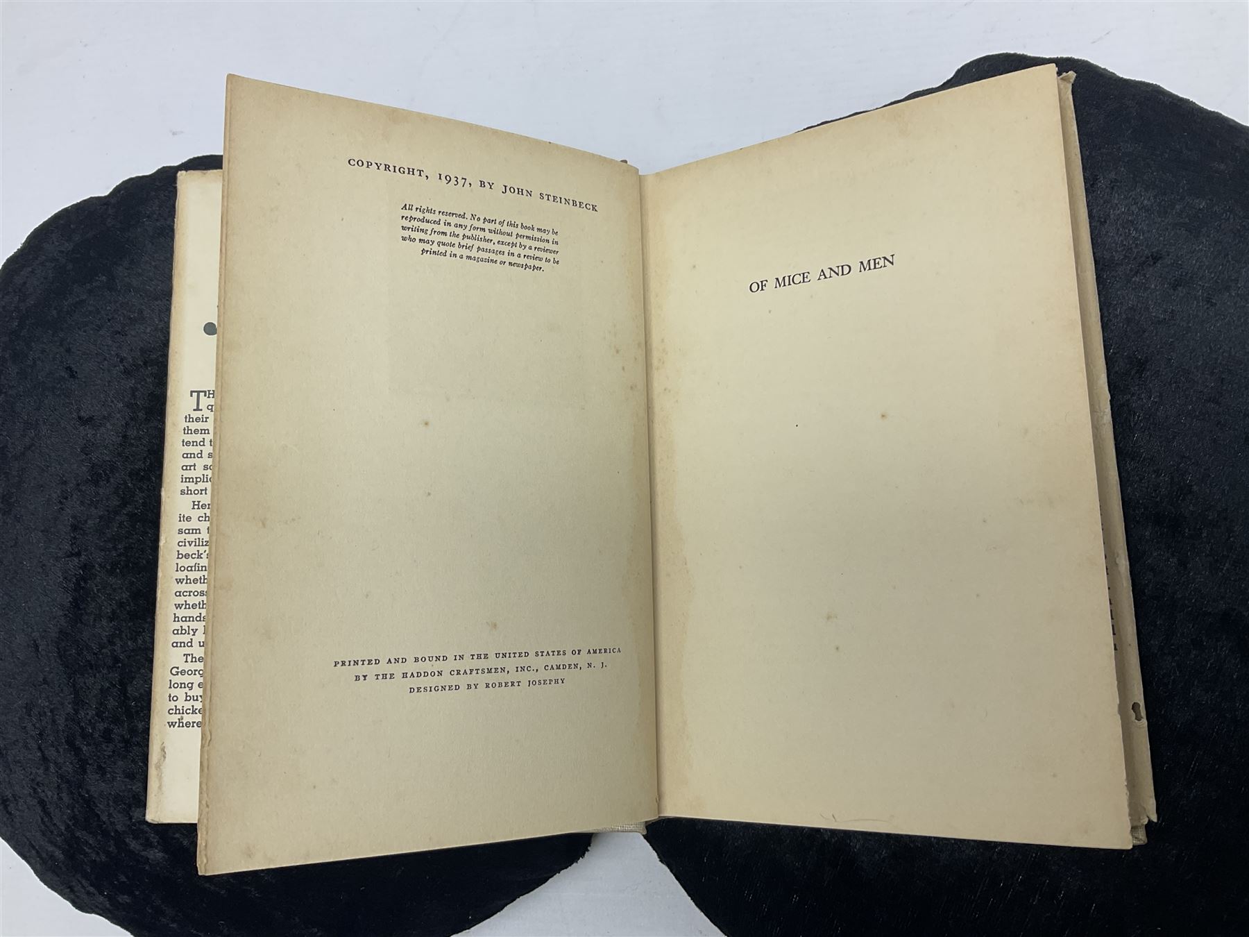 John Steinbeck; Of Mice and Men, first edition, second printing, New York: Covici Friede, 1937, 2nd printing with 'loosely' to page 9 and The Moon is Down, fist edition, Windmill Press, Surrey 1942
