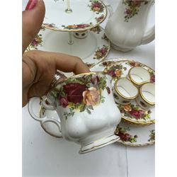 Royal Albert Old Country Roses pattern tea wares, comprising coffee pot, jug and sugar bowl, cake stands, napkin rings, teacups and saucers, side plates, dessert plates, small plates, all with printed marks beneath