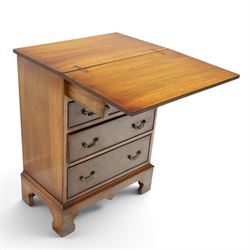 Reprodux - Georgian design figured and burr walnut bachelors chest, rectangular hinged-fold over top with reeded edge supported by stays, over four long graduating cock-beaded drawers, lower moulded edge on bracket feet