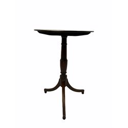 George III mahogany tripod table, oval tilt top on turned pedestal, plain splayed supports on globular feet
