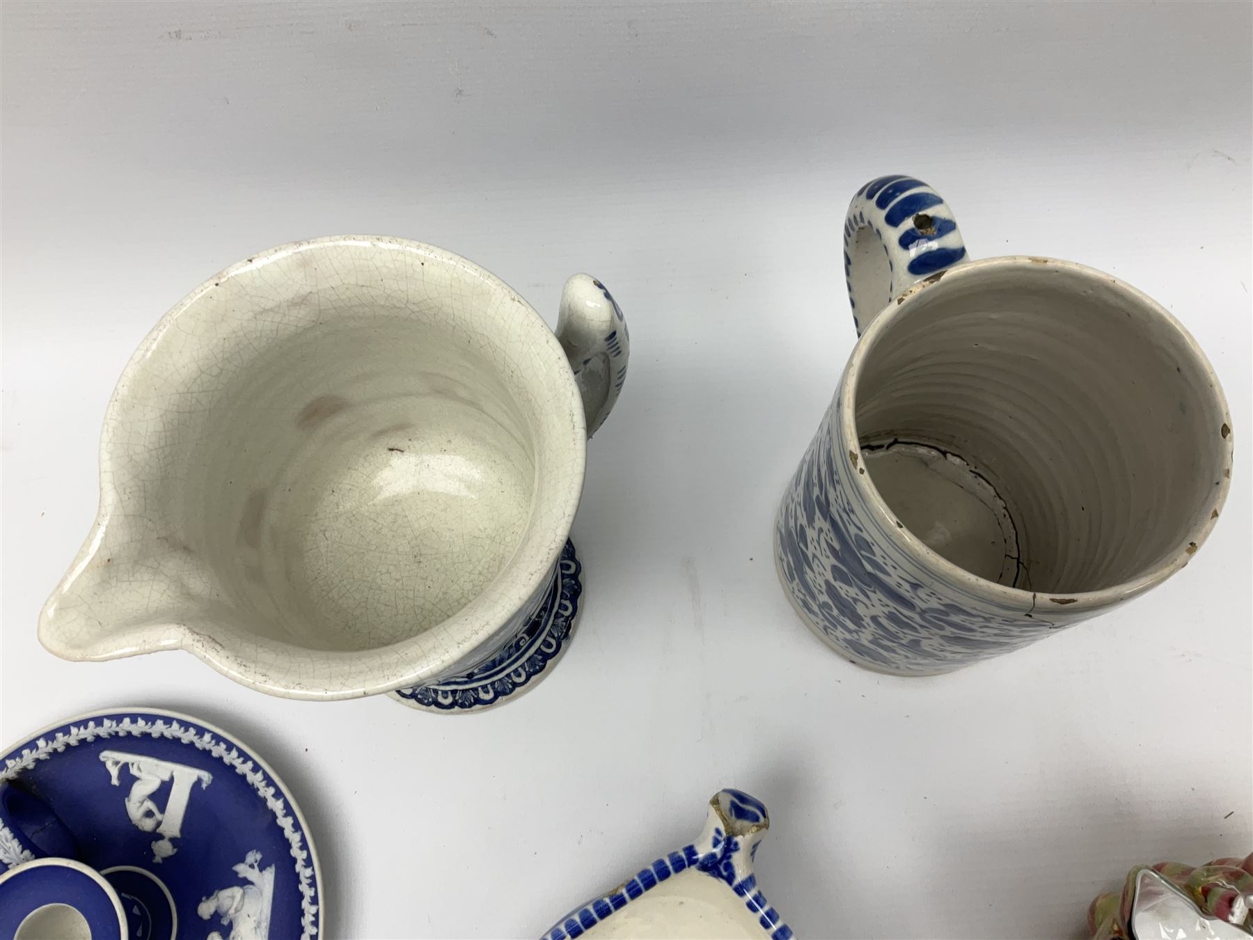 Wedgwood jasperware chamber candlestick, together with blue and white ceramic tankard, footed jug, art glass basket etc